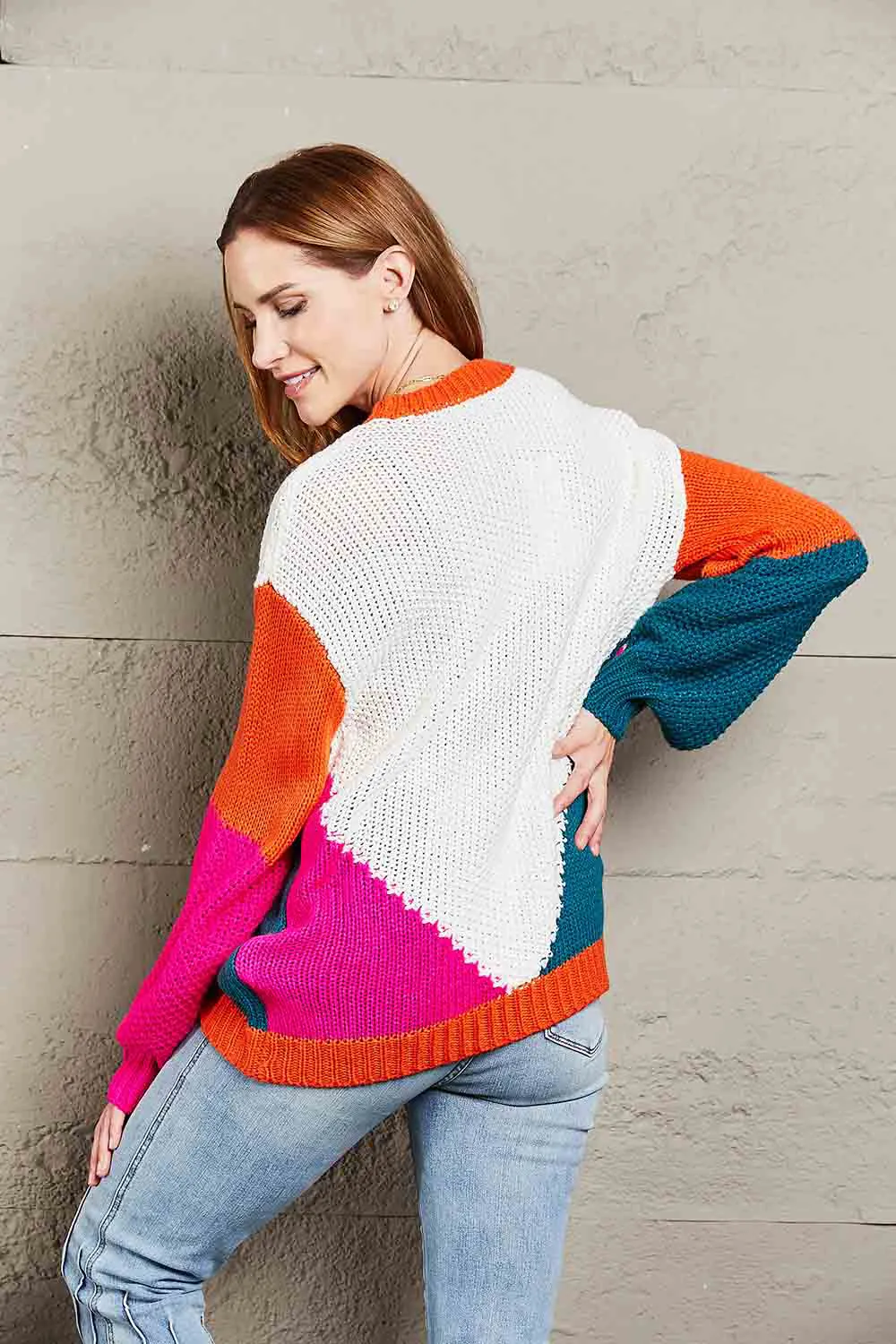 Color Block Round Neck Drop Shoulder Sweater, image 3