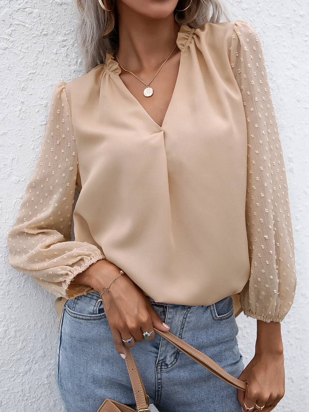 Swiss Dot Frill Trim Puff Sleeve Blouse, image 13