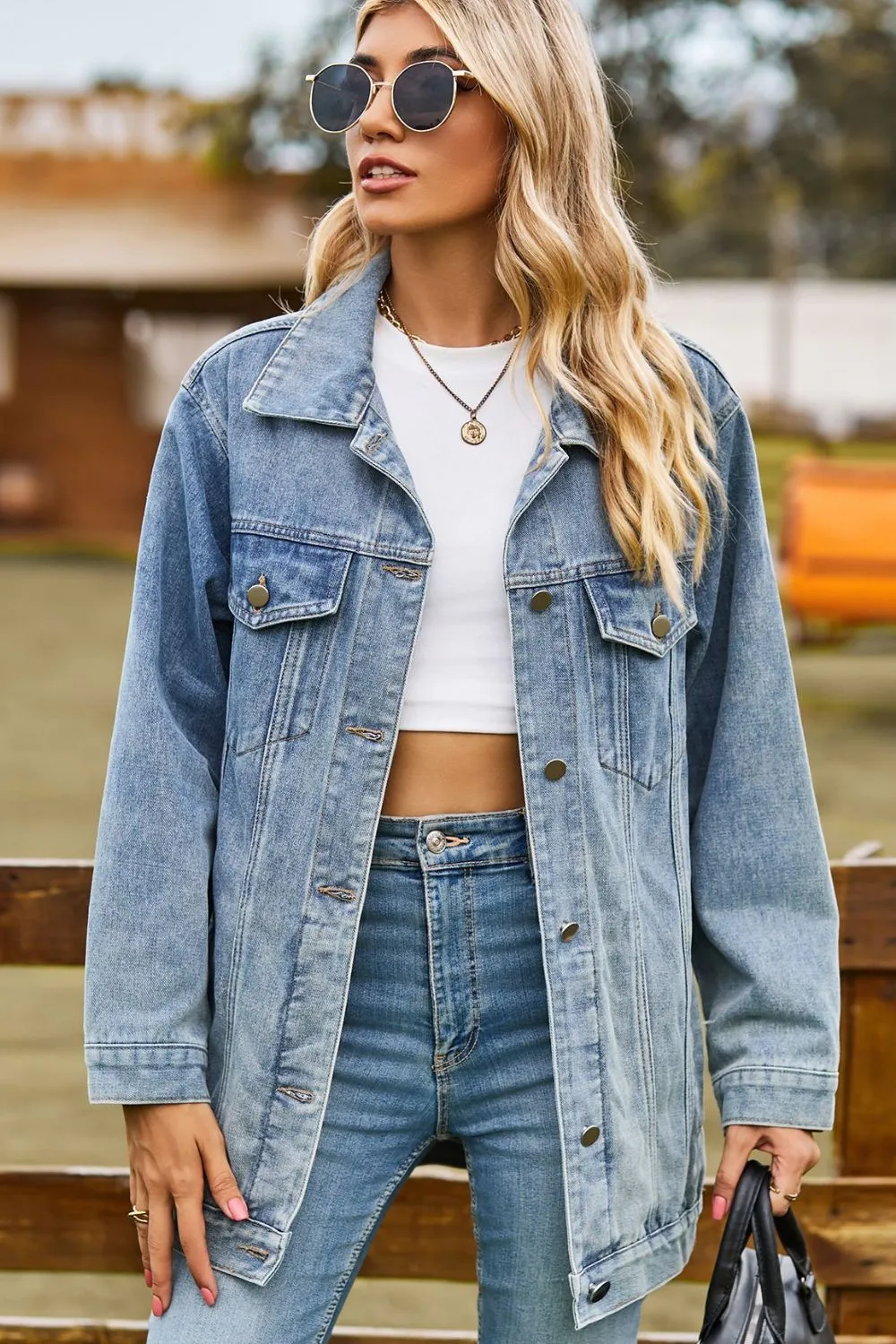 Buttoned Collared Neck Denim Jacket with Pockets, image 14