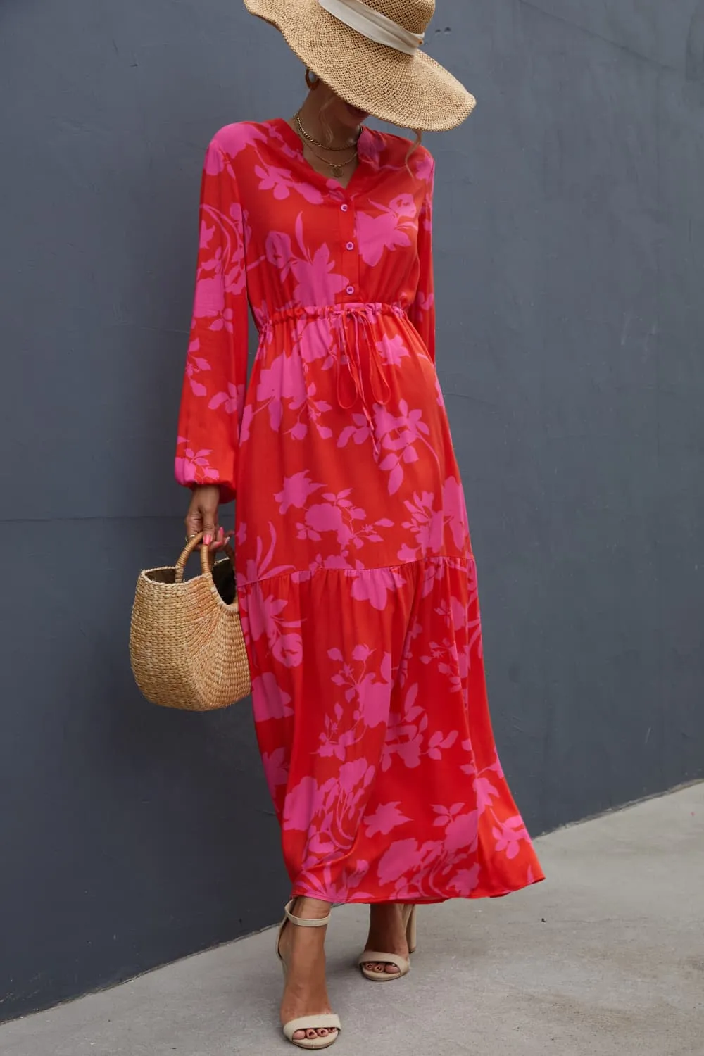 Floral Drawstring Waist Long Sleeve Dress, image 4