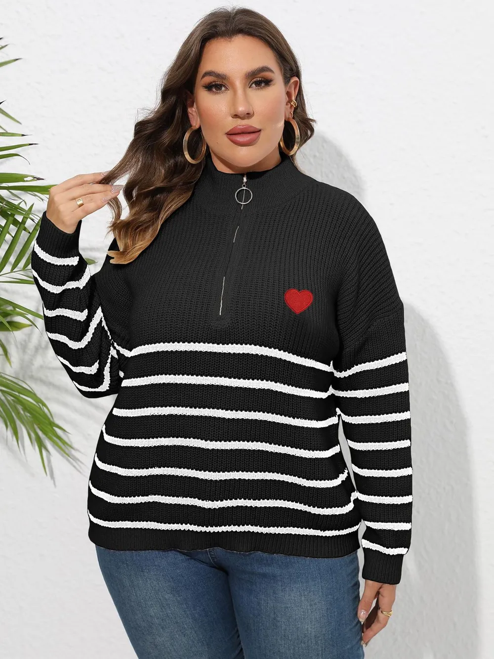 Plus Size Zip-Up Striped Sweater, image 6