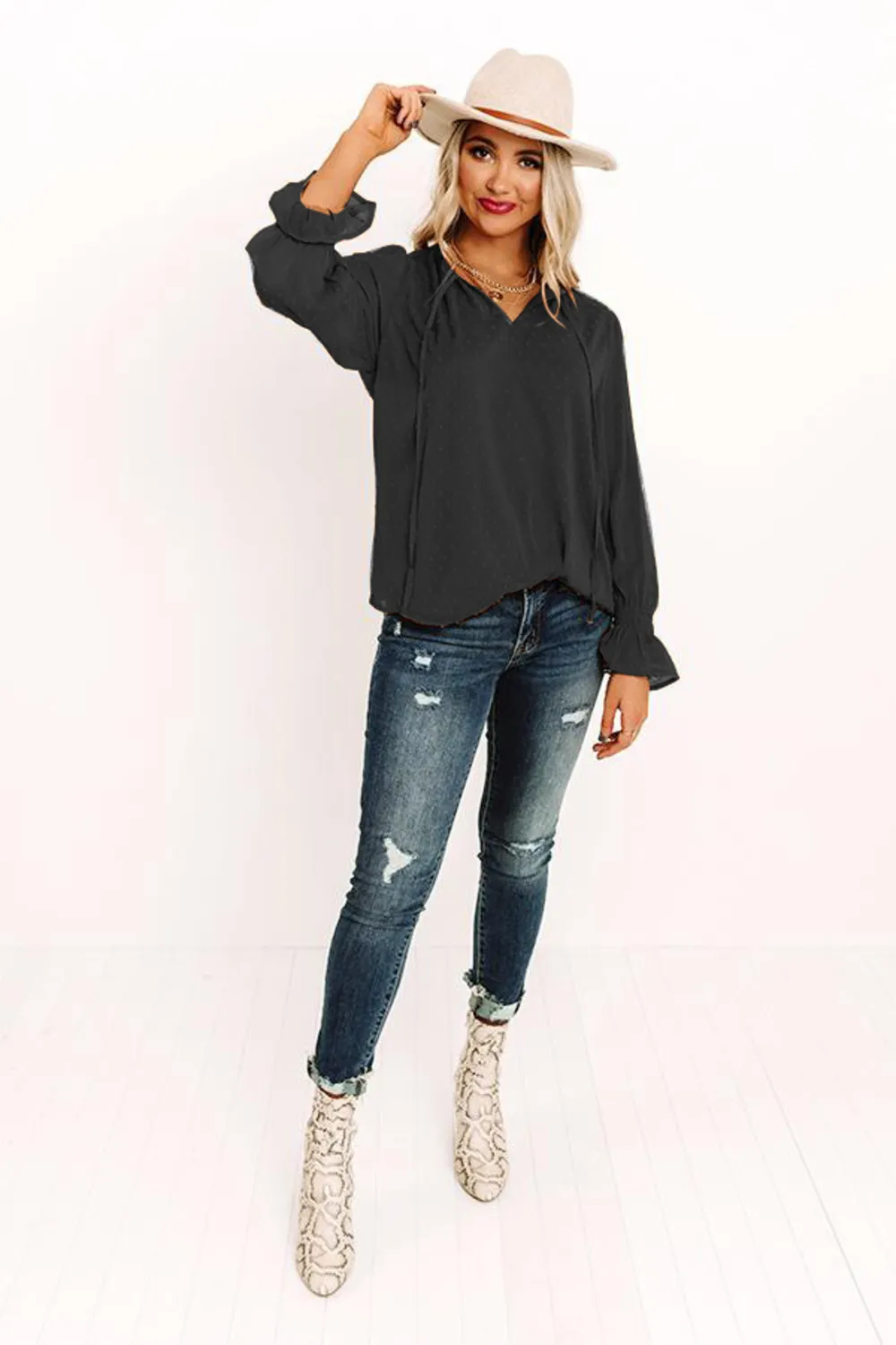 Swiss Dot Tie Neck Flounce Sleeve Blouse, image 8