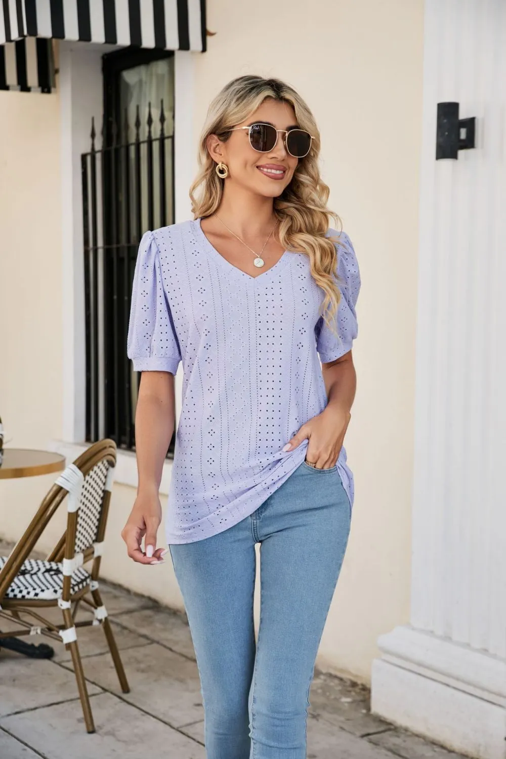 Eyelet Puff Sleeve V-Neck Top, image 13