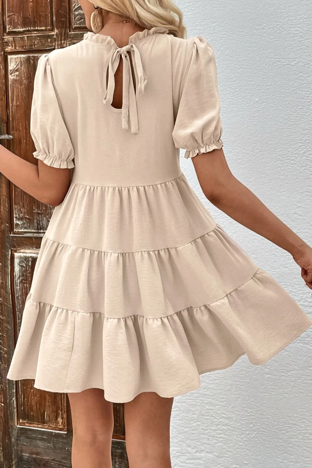 Puff Sleeve Tie Back Tiered Dress, image 9