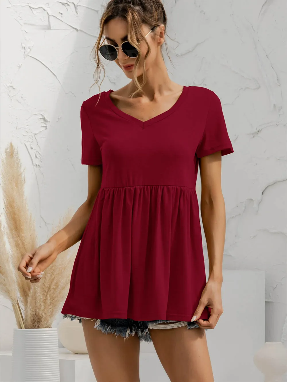 V-Neck Short Sleeve Babydoll Top, image 11