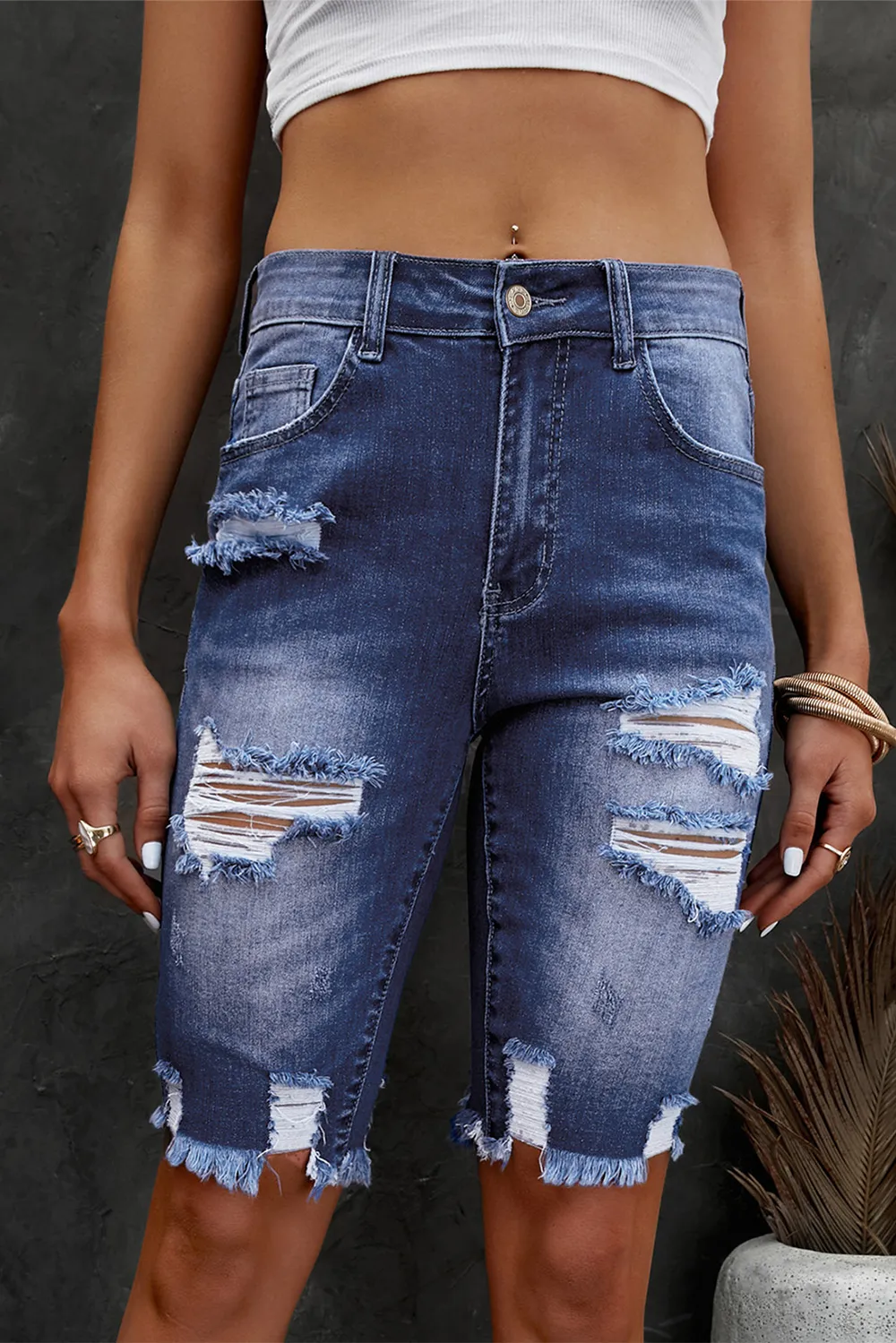 Distressed Frayed Hem Denim Bermuda Shorts, image 8