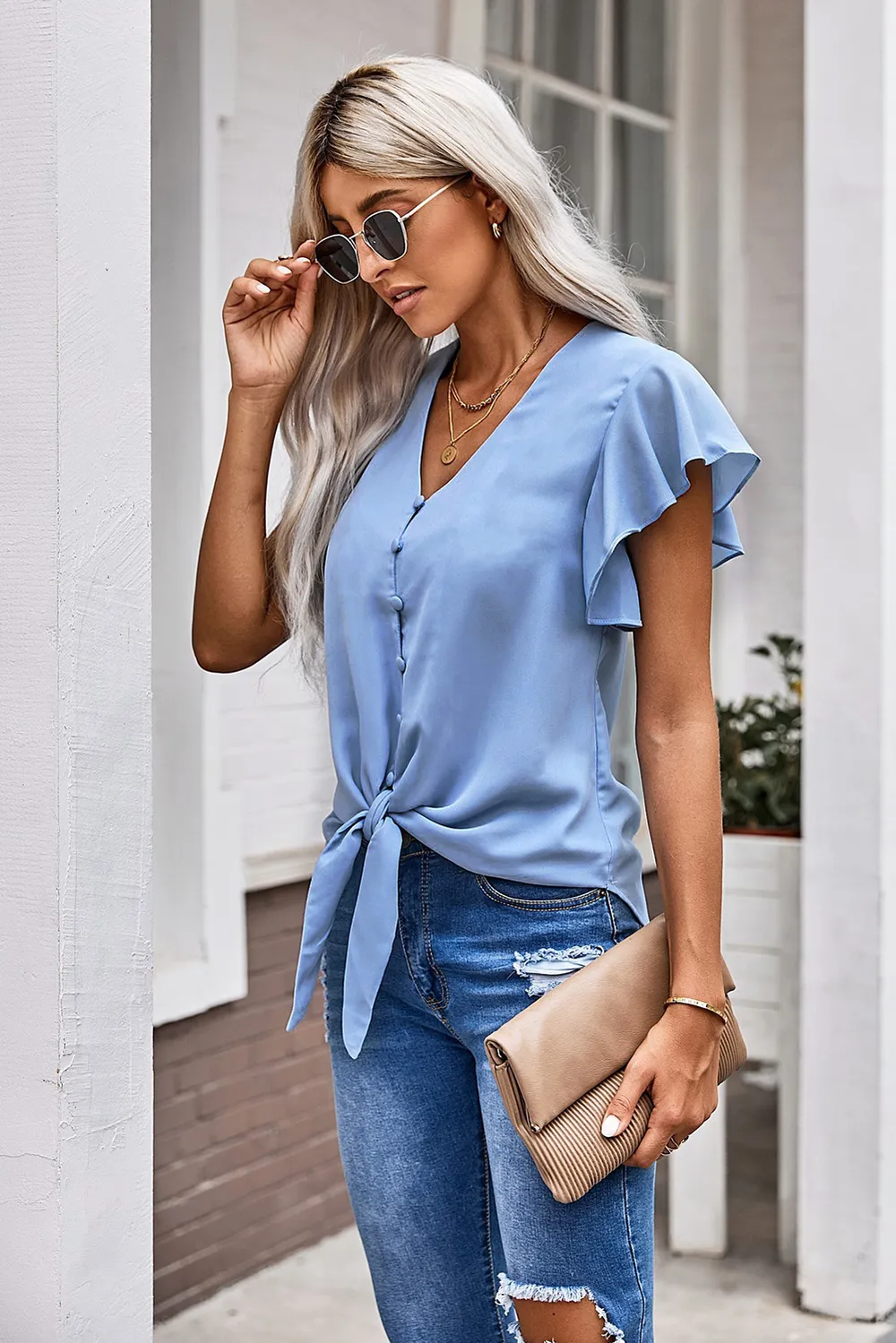 V-Neck Tie Hem Flutter Sleeve Blouse, image 14