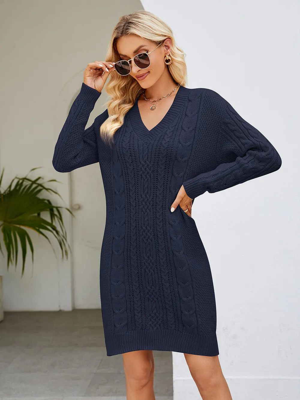 Cable-Knit V-Neck Mini Sweater Dress, image 6