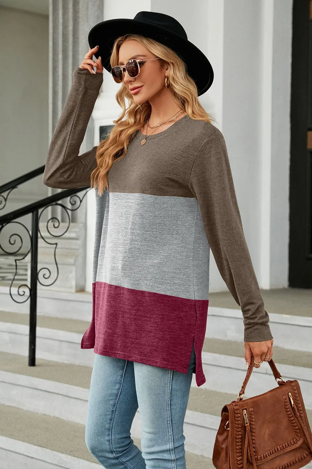 Color Block Round Neck Long Sleeve Slit T-Shirt, image 8