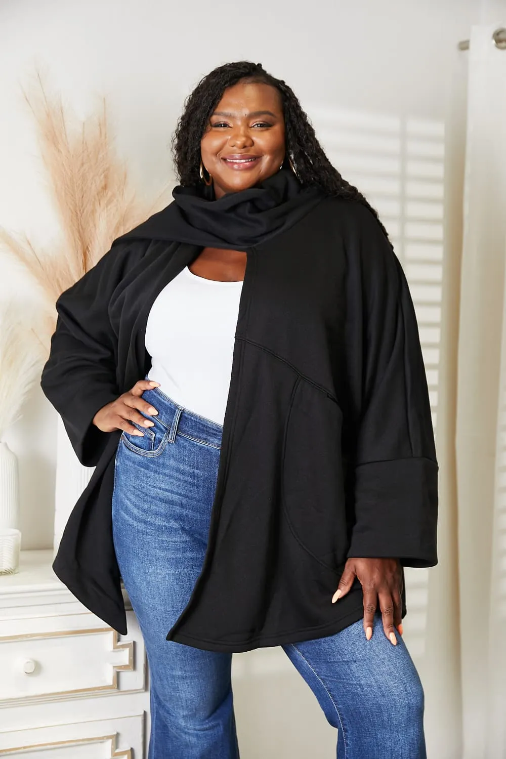 Full Size Open Front Cardigan with Scarf Design, image 13