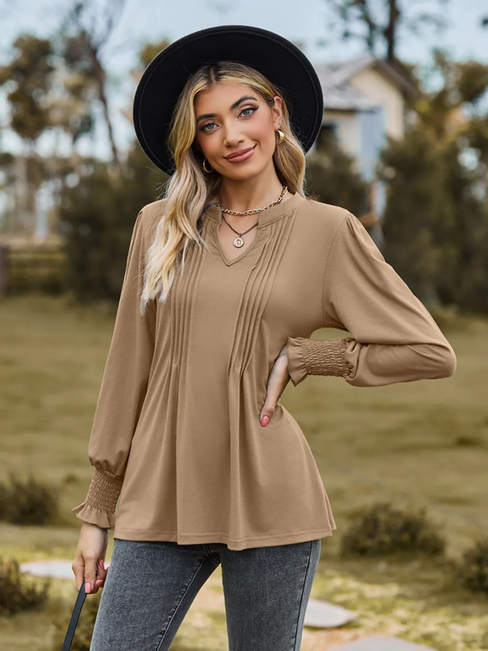 Notched Neck Flounce Sleeve Blouse, image 10