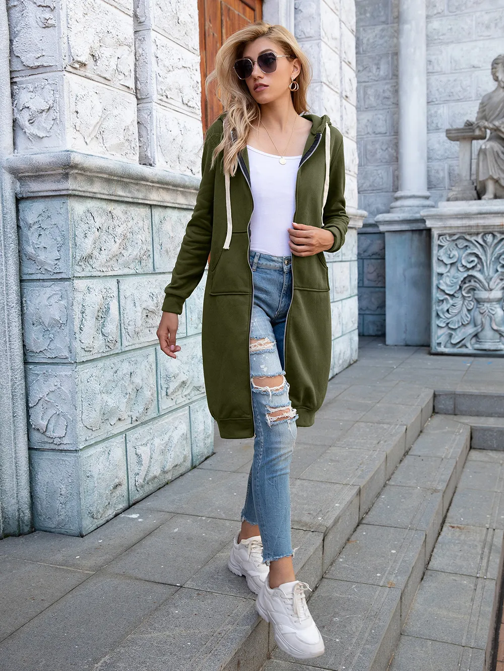 Zip-Up Longline Hoodie with Pockets, image 14