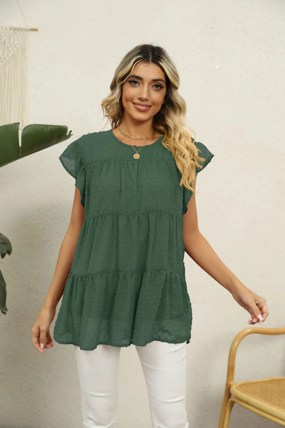 Swiss Dot Round Neck Tiered Blouse, image 22