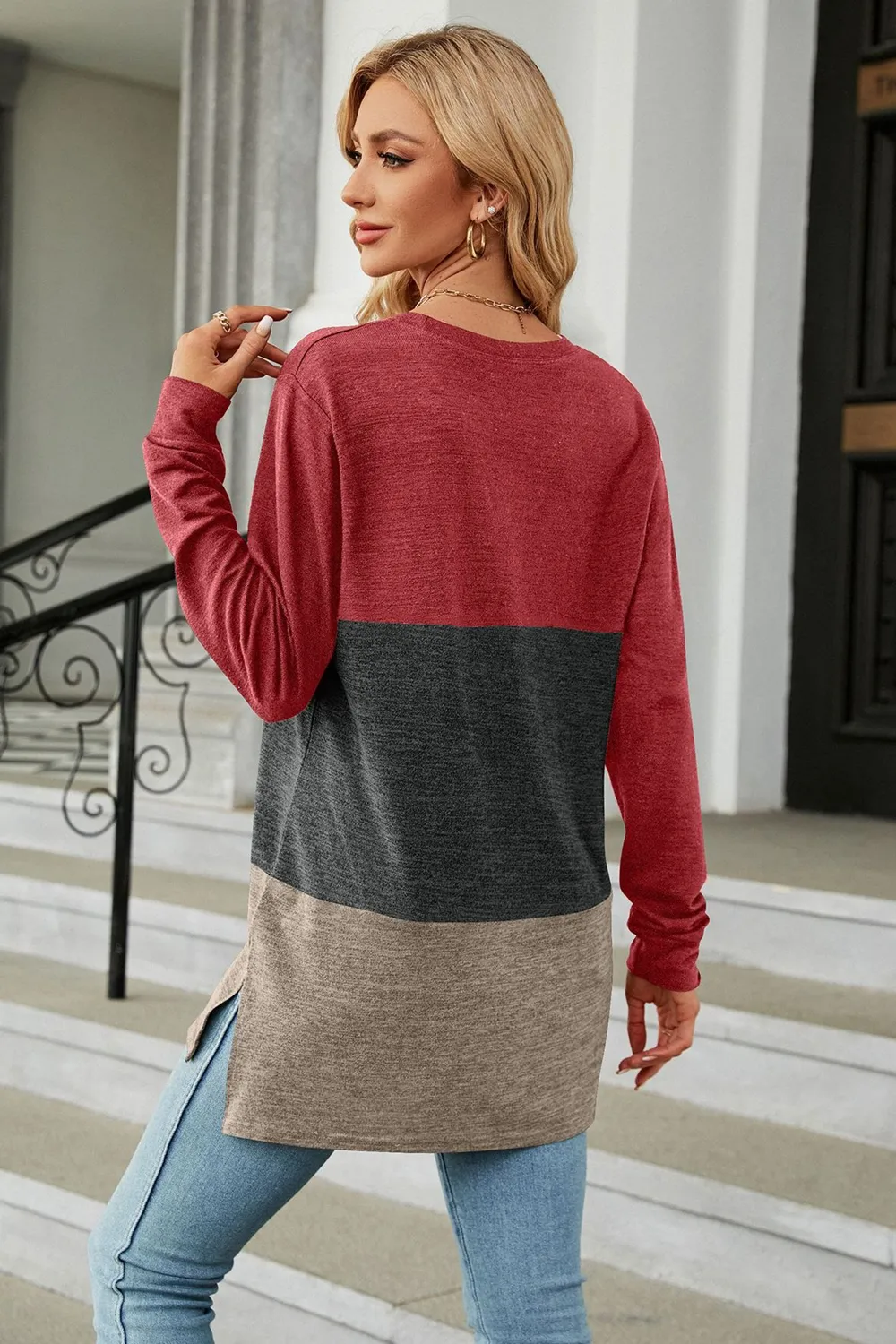 Color Block Round Neck Long Sleeve Slit T-Shirt, image 15