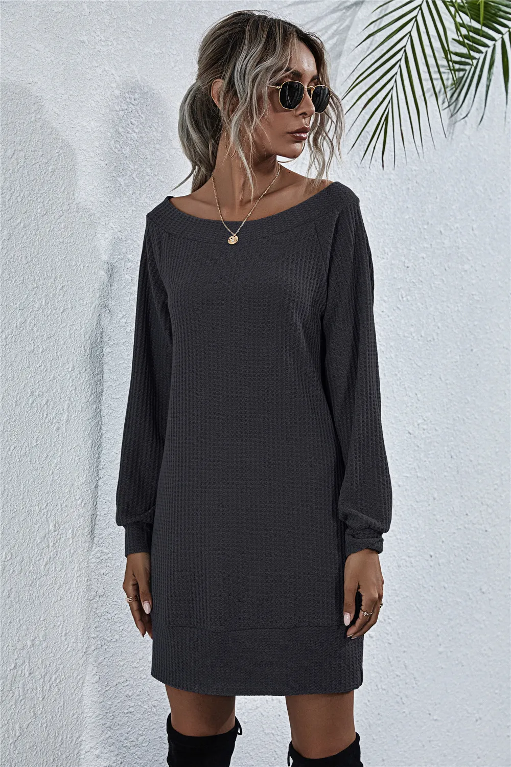 Waffle-Knit Boat Neck Mini Dress, image 9