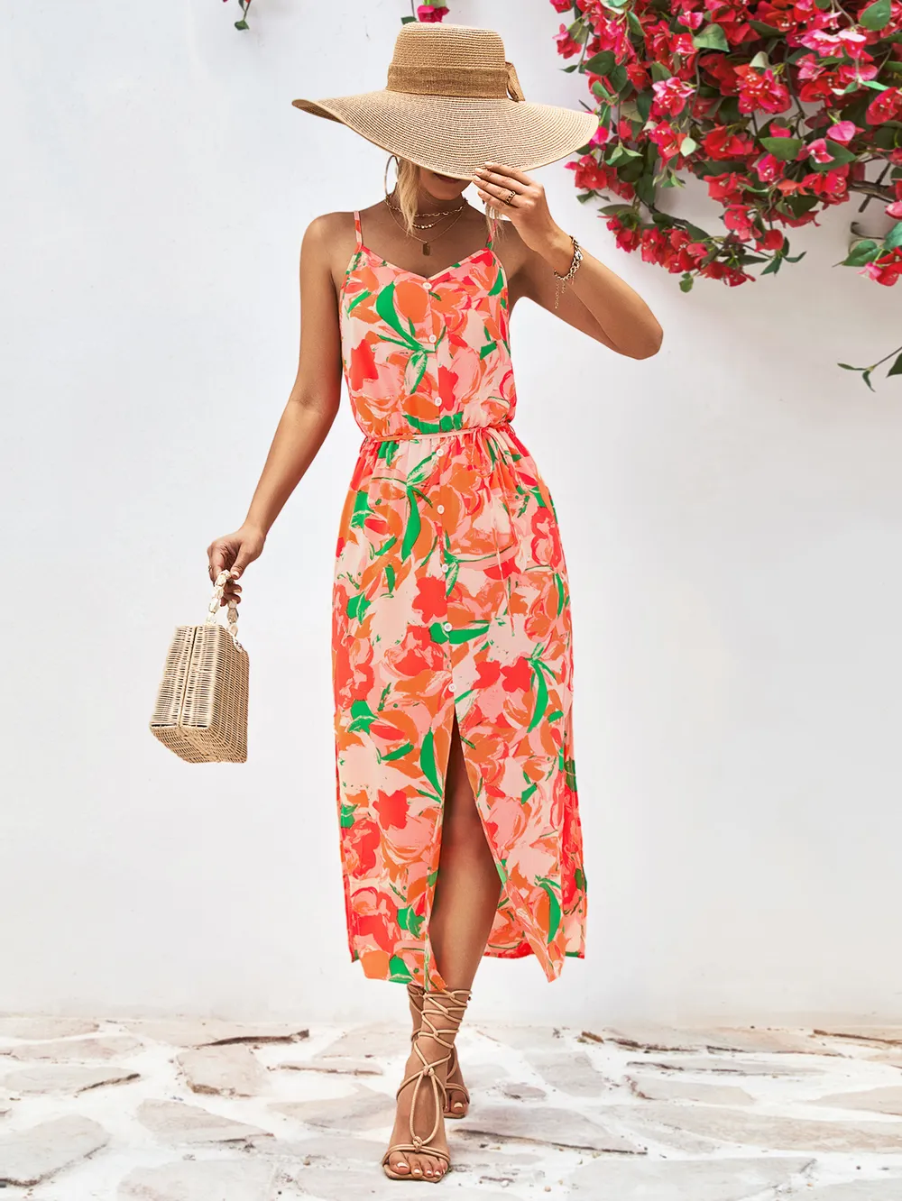 Printed Spaghetti Strap Front Slit Dress, image 11