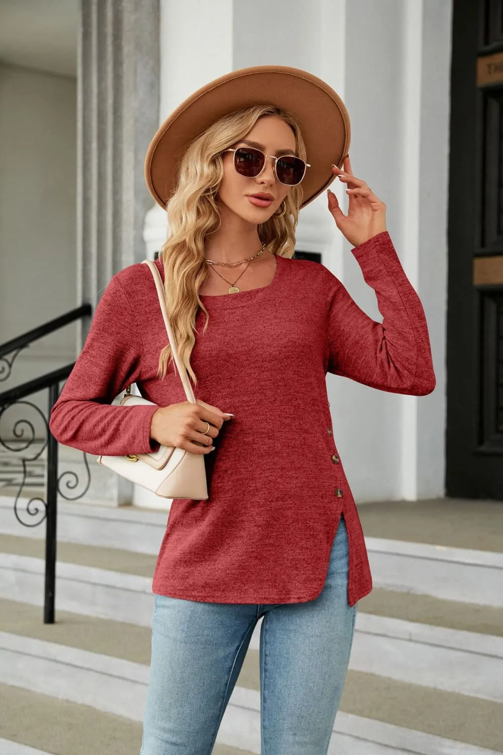 Square Neck Long Sleeve Slit T-Shirt, image 14