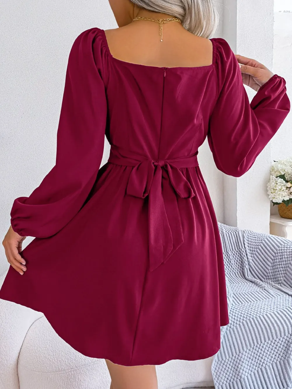 Tied Square Neck Balloon Sleeve Dress, image 3