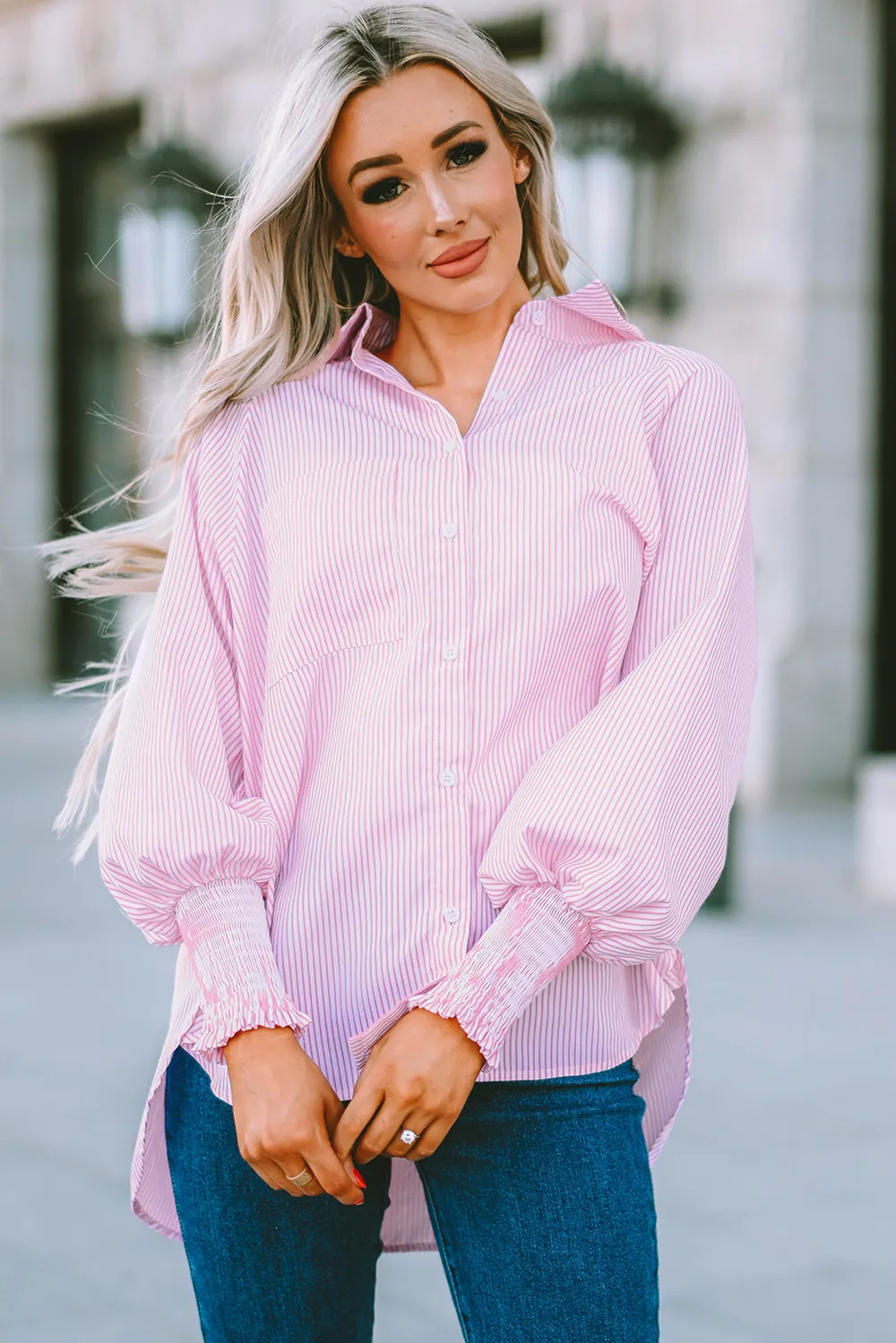 Striped Lantern Sleeve Collared Shirt, image 19