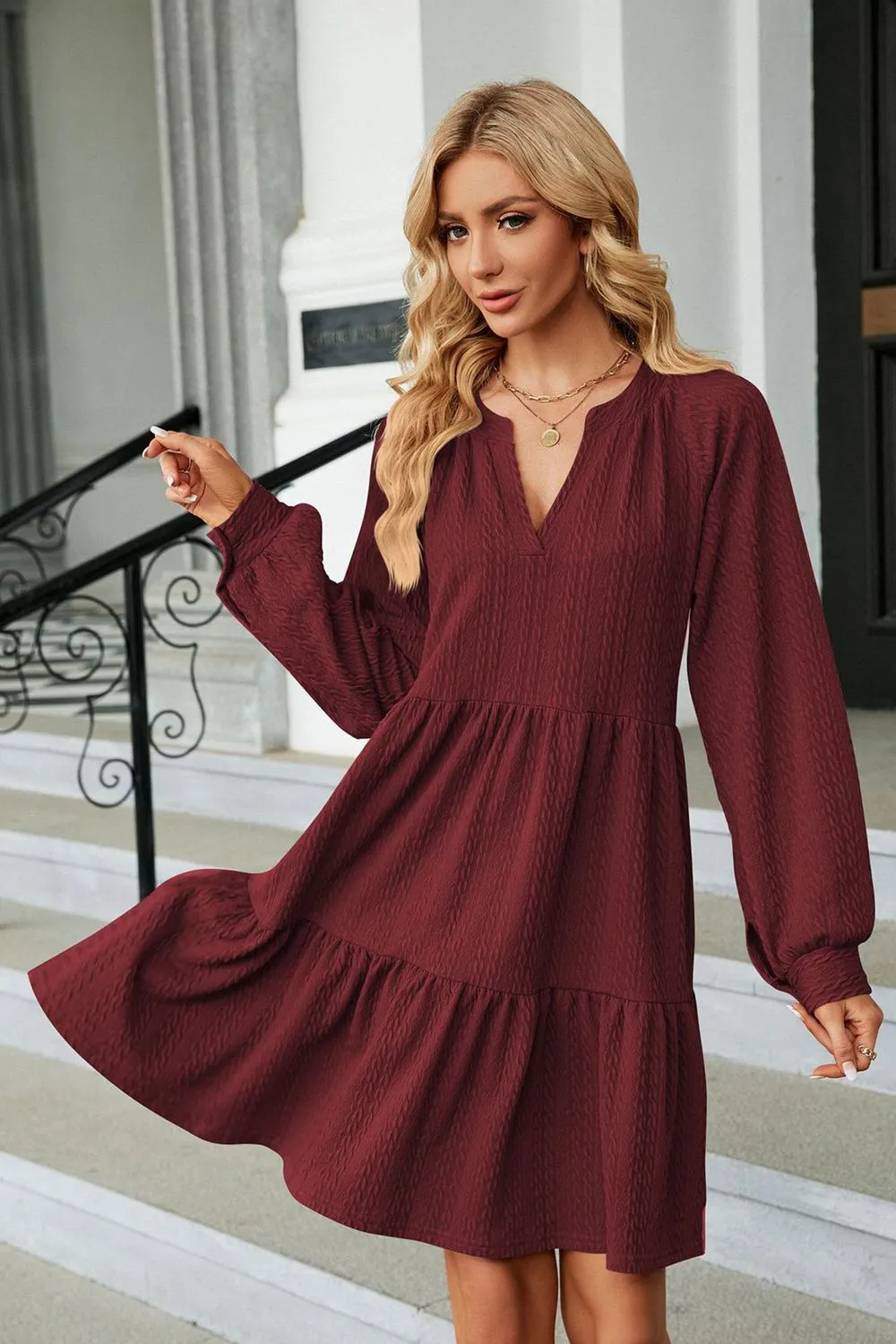Notched Neck Long Sleeve Mini Dress, image 10