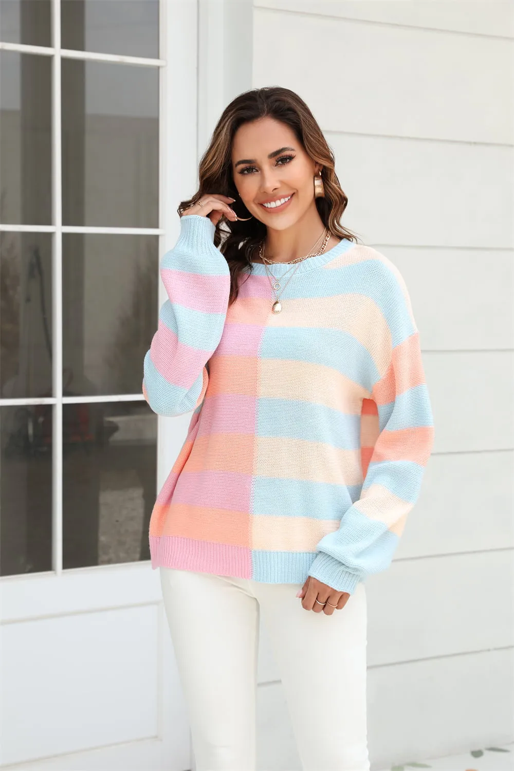 Round Neck Long Sleeve Color Block Dropped Shoulder Pullover Sweater, image 3