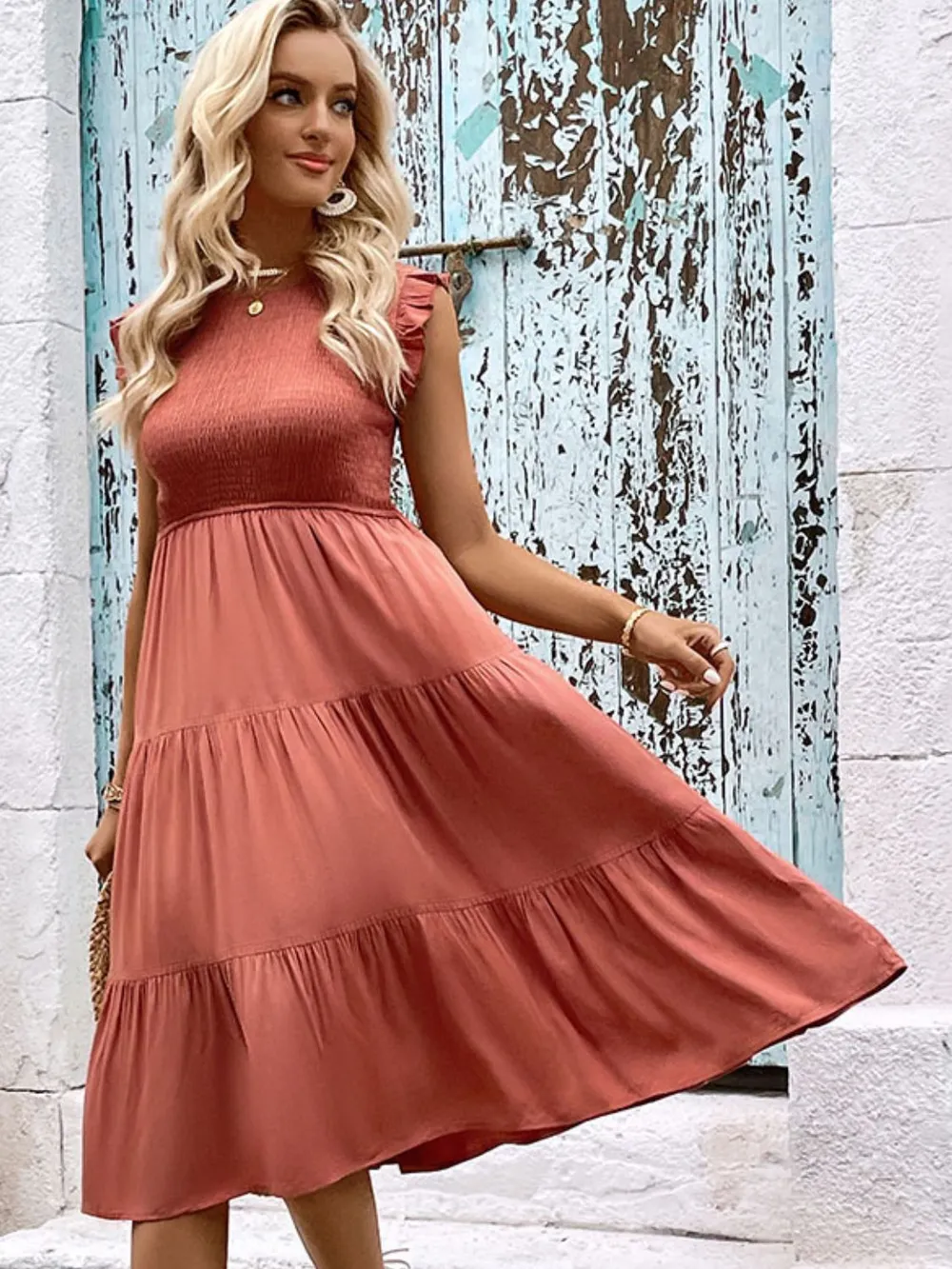 Smocked Round Neck Tiered Dress, image 3