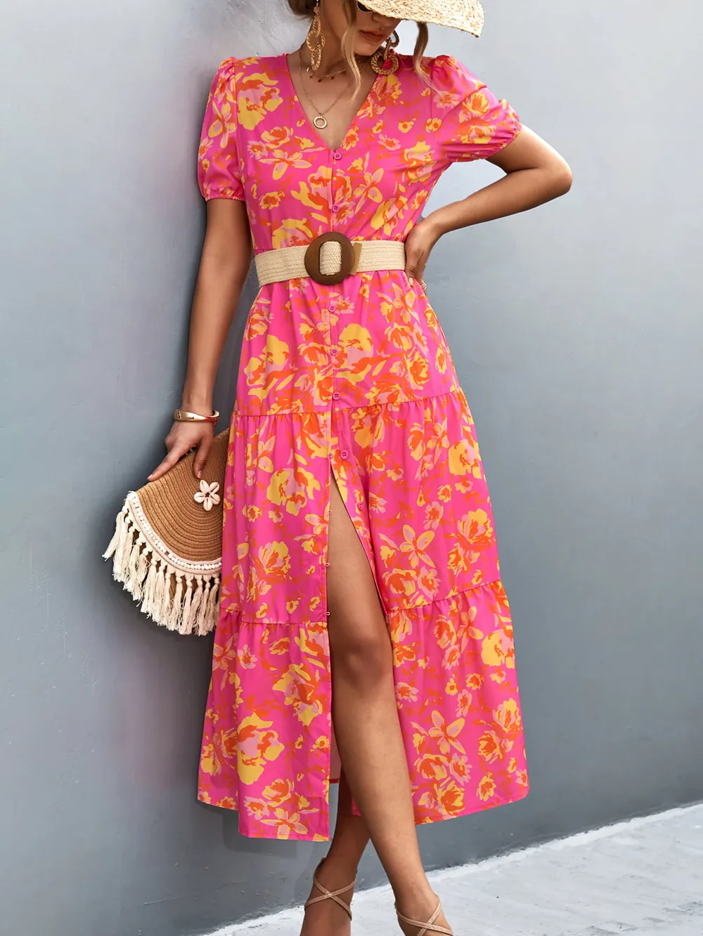 V-Neck Short Sleeve High Slit Midi Dress, image 8
