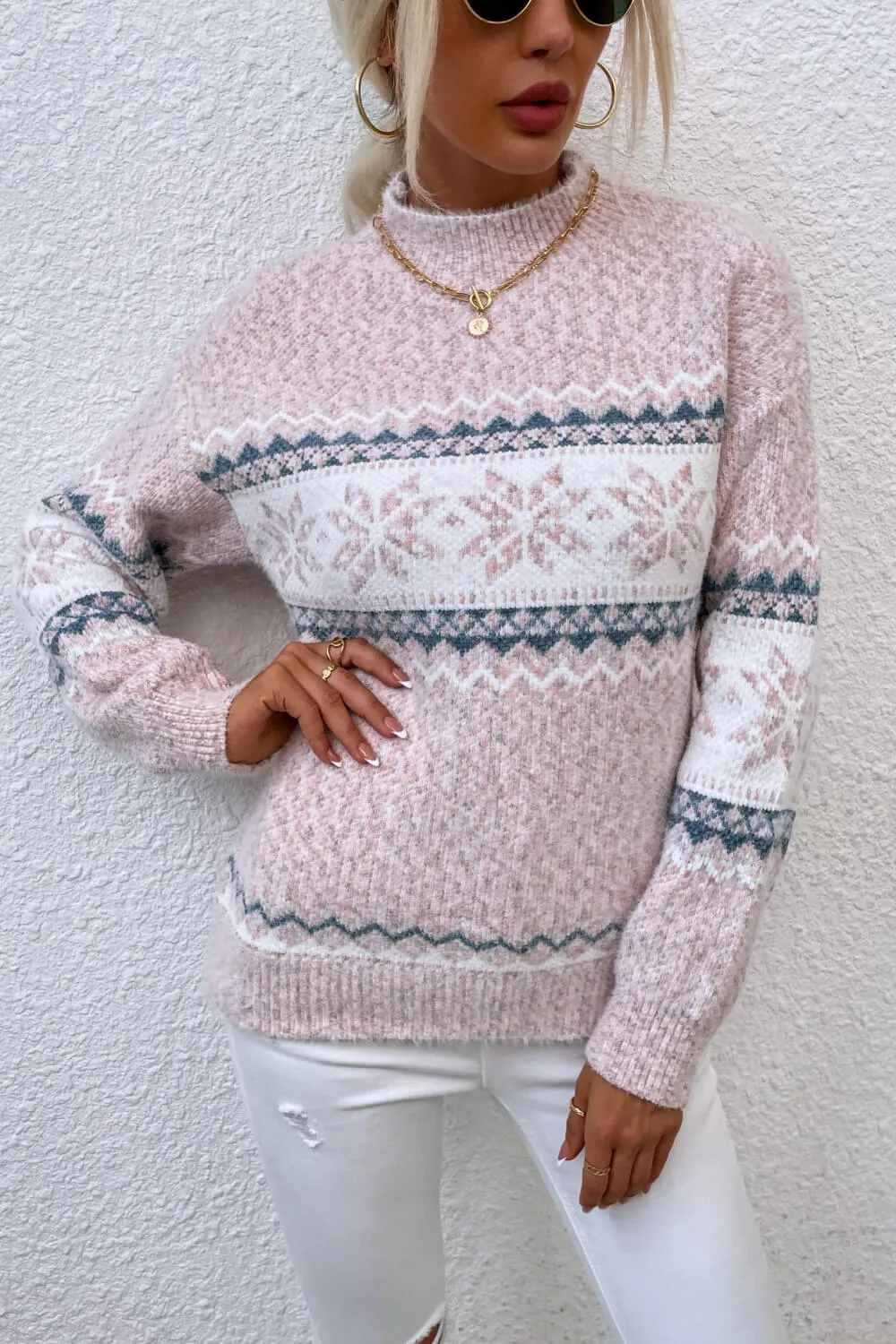 Snowflake Pattern Mock Neck Sweater, image 12