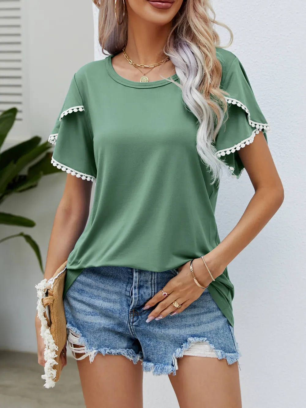 Pom-Pom Trim Flutter Sleeve Round Neck Tee, image 16