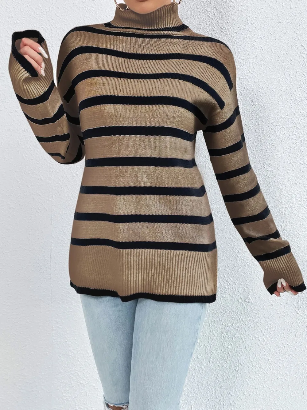 Striped Turtleneck Drop Shoulder Sweater, image 4