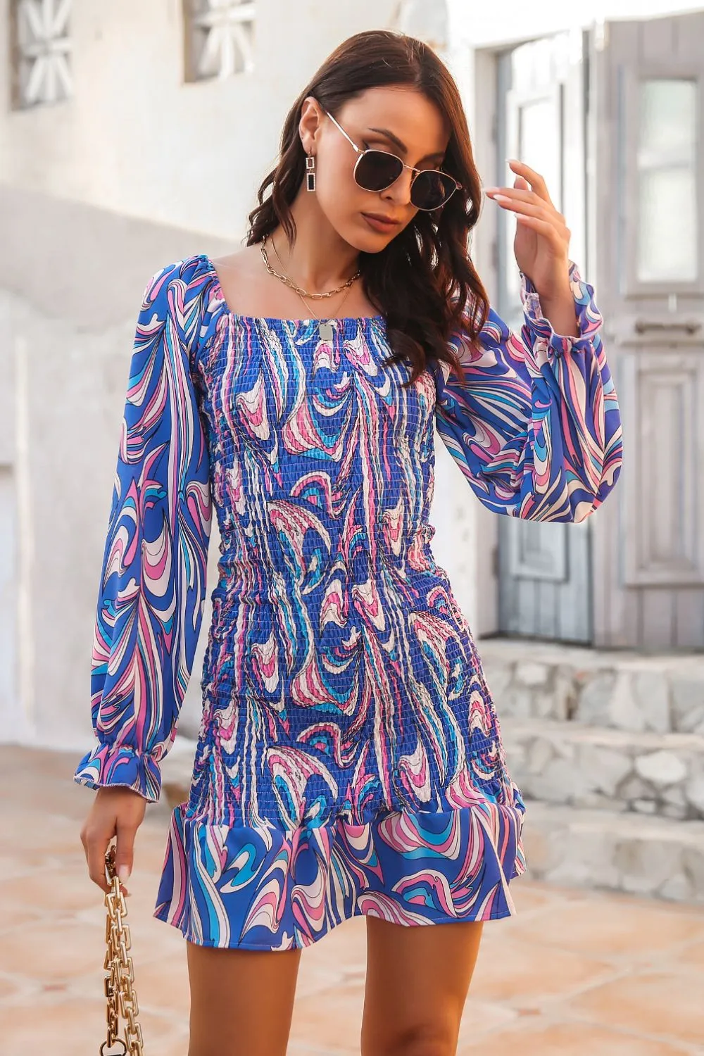 Abstract Print Square Neck Smocked Dress, image 3