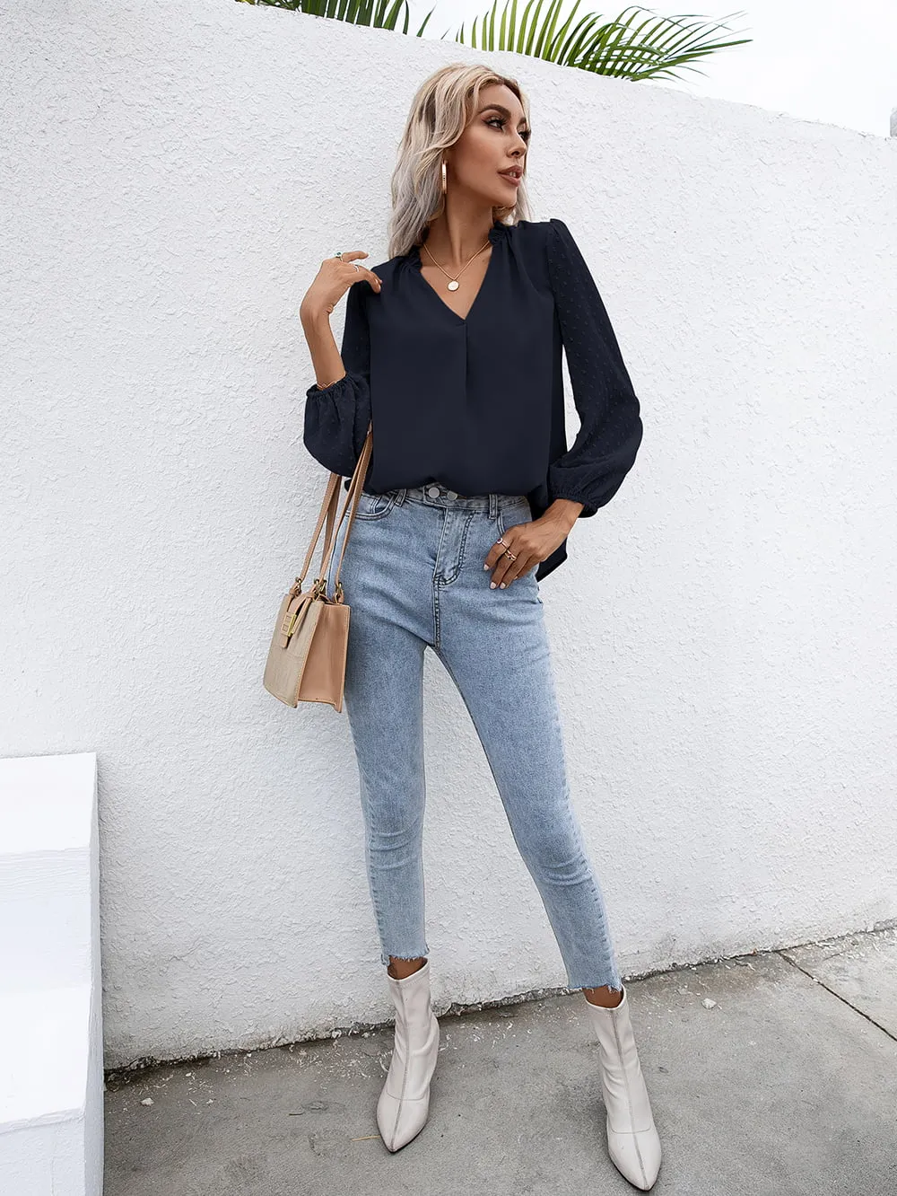 Swiss Dot Frill Trim Puff Sleeve Blouse, image 10