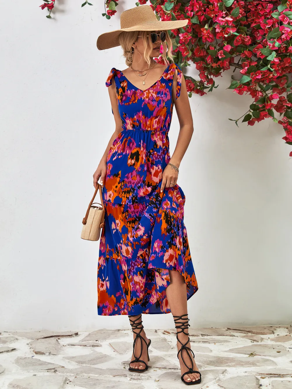 Multicolored V-Neck Backless Midi Dress, image 5