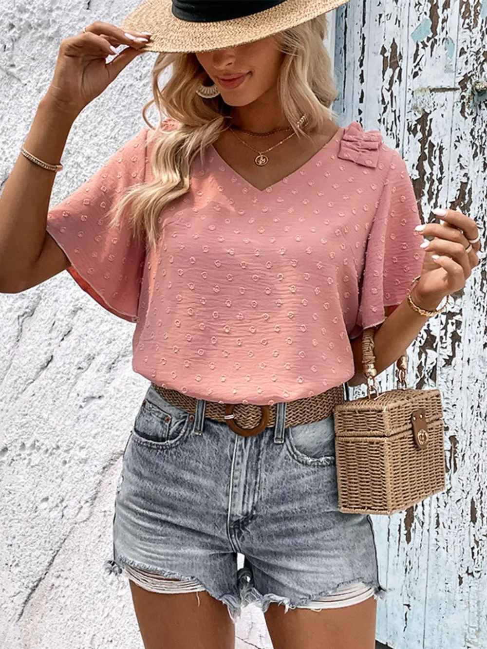 Swiss Dot Shoulder Detail V-Neck Blouse, image 3