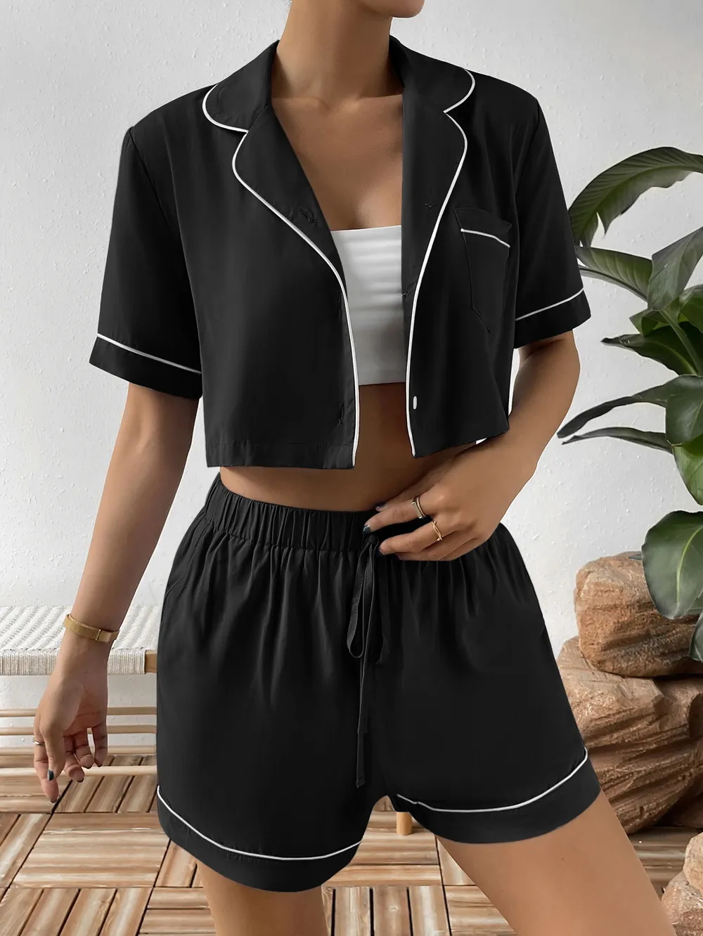 Contrast Lapel Collar Cropped Shirt and Shorts Lounge Set, image 8