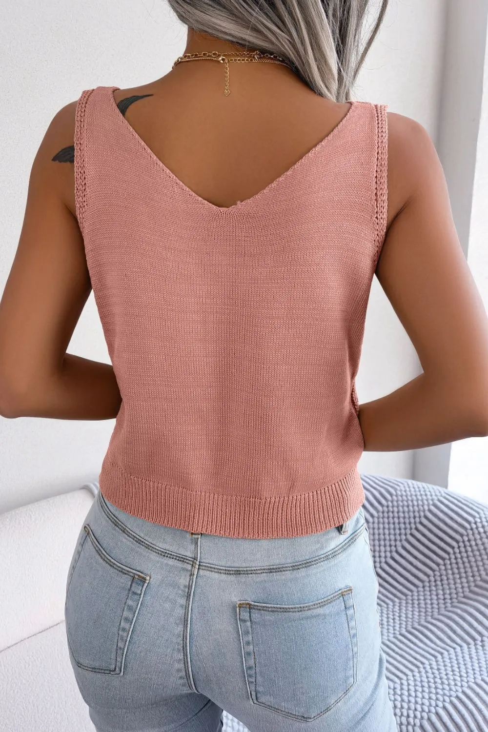 Decorative Button Mixed Knit Tank, image 2