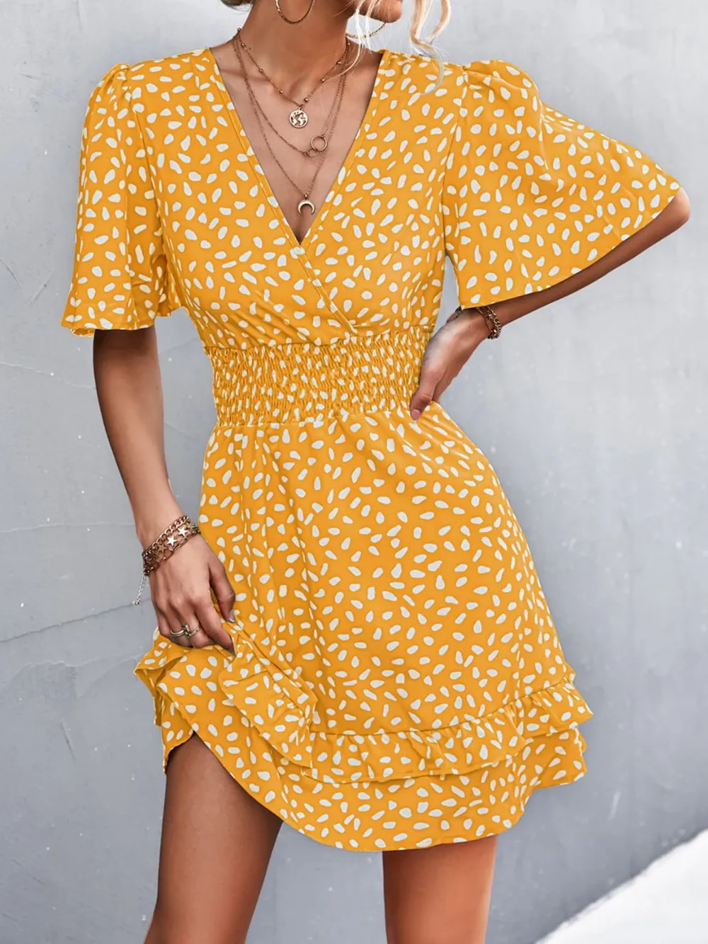 Printed Smocked Waist Layered Surplice Dress, image 10