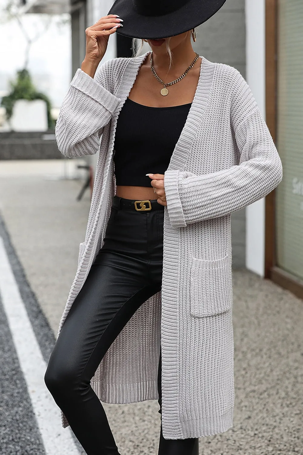 Dropped Shoulder Long Sleeve Cardigan with Pocket, image 5