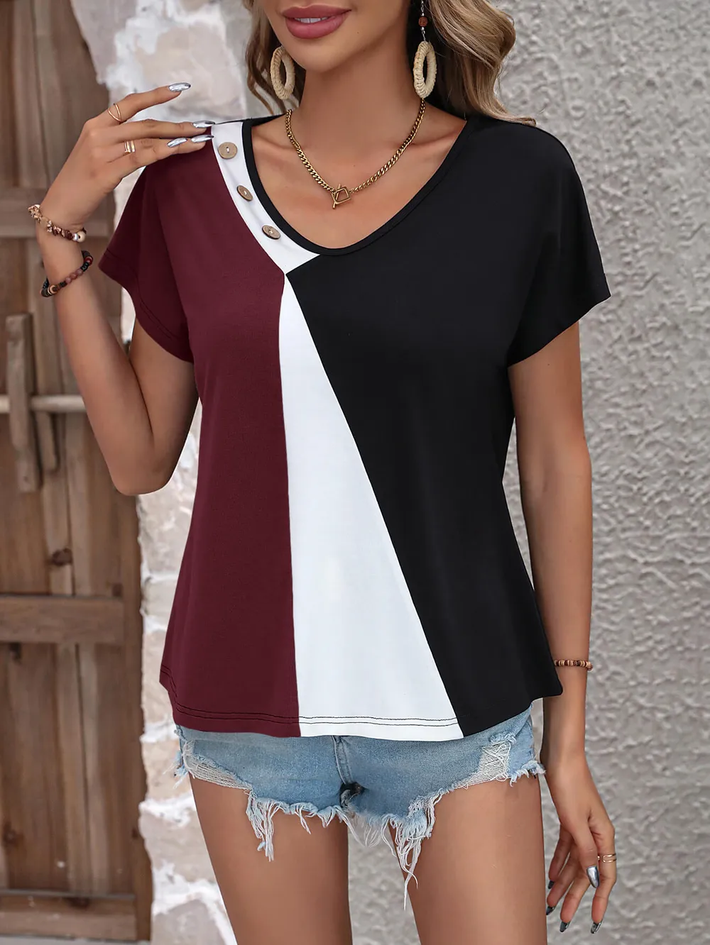 Color Block Decorative Button V-Neck Tee, image 14