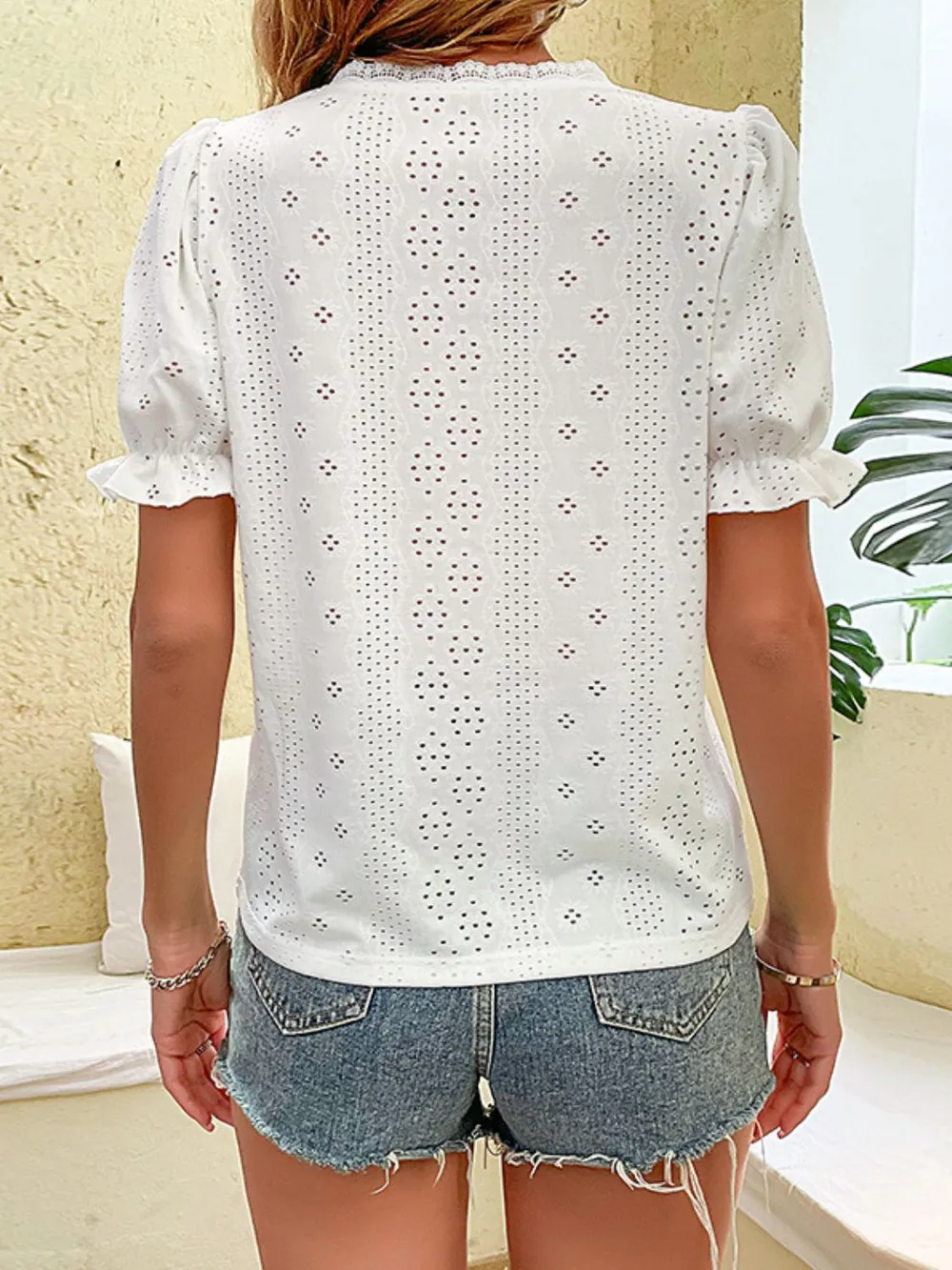 Buttoned V-Neck Flounce Sleeve Top, image 4
