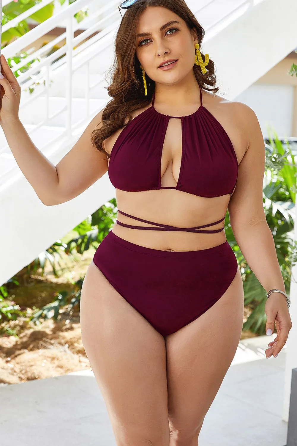 Plus Size Cutout Tied Backless Bikini Set, image 8