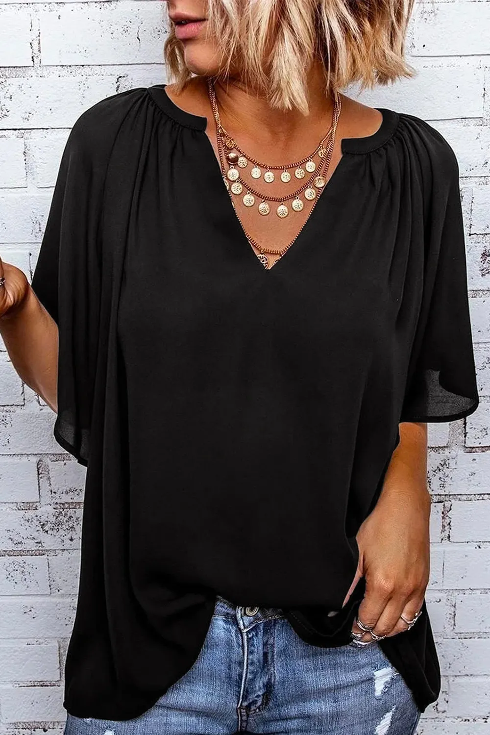 Gathered Detail Notched Neck Flutter Sleeve Top, image 19