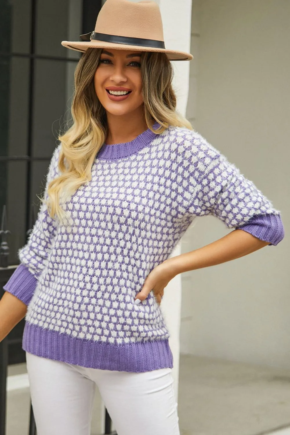 Printed Round Neck Dropped Shoulder Sweater, image 11