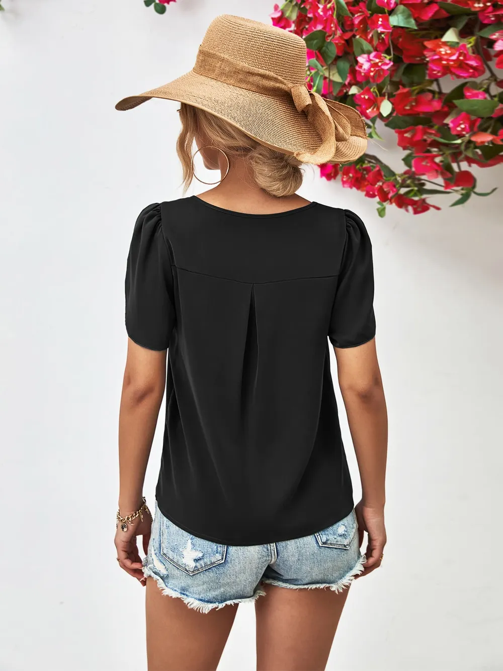 Cutout Round Neck Petal Sleeve Blouse, image 6