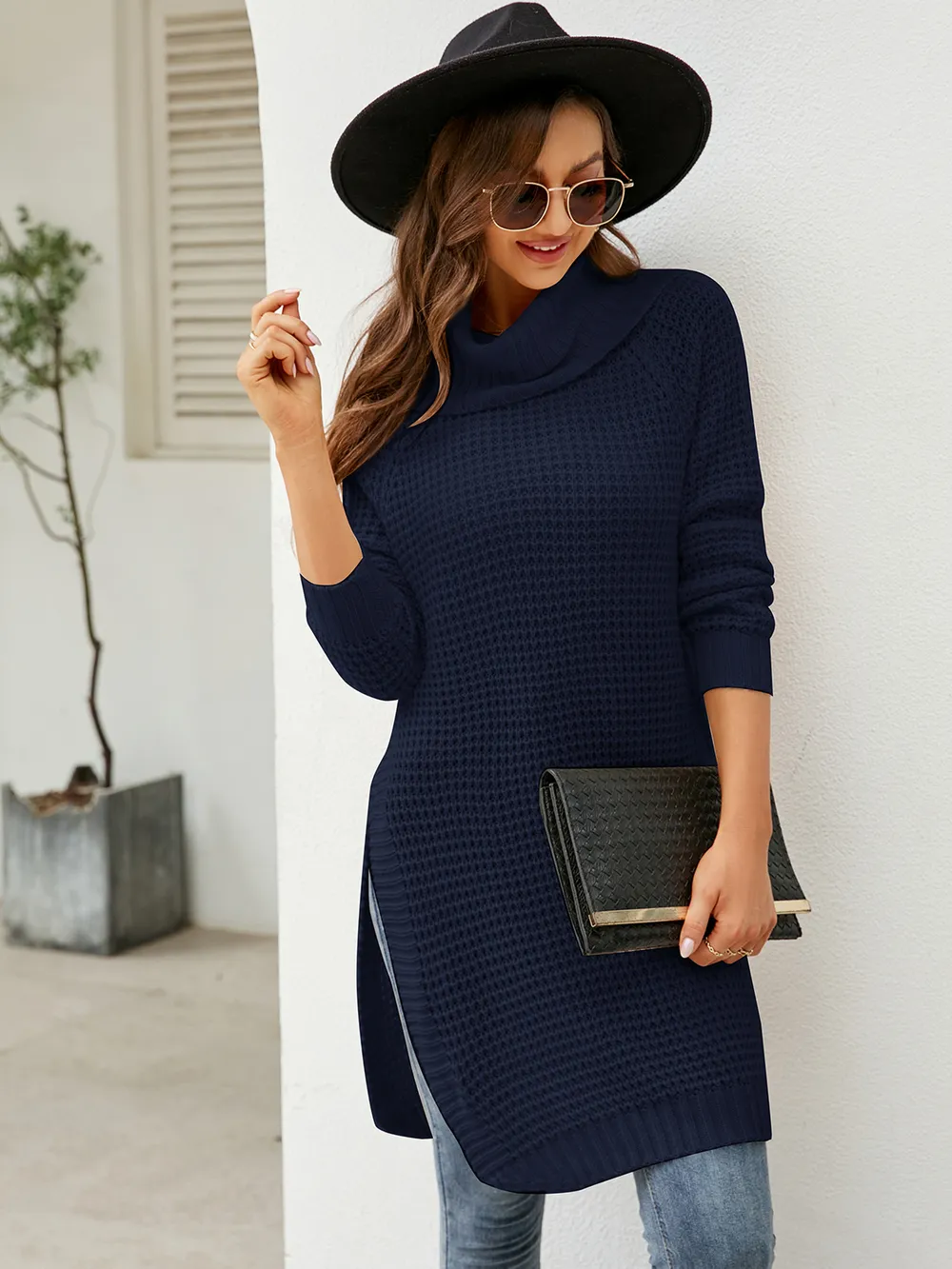 Turtleneck Waffle-Knit Slit Sweater Dress, image 5