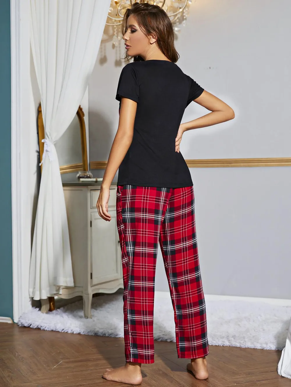 Heart Graphic V-Neck Top and Plaid Pants Lounge Set, image 2