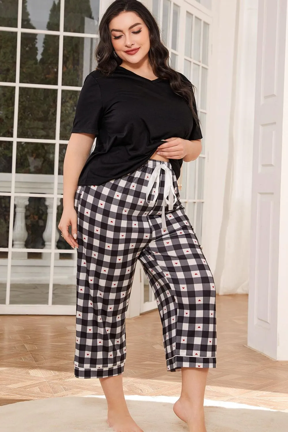 V-Neck Tee and Plaid Cropped Pants Lounge Set, image 3