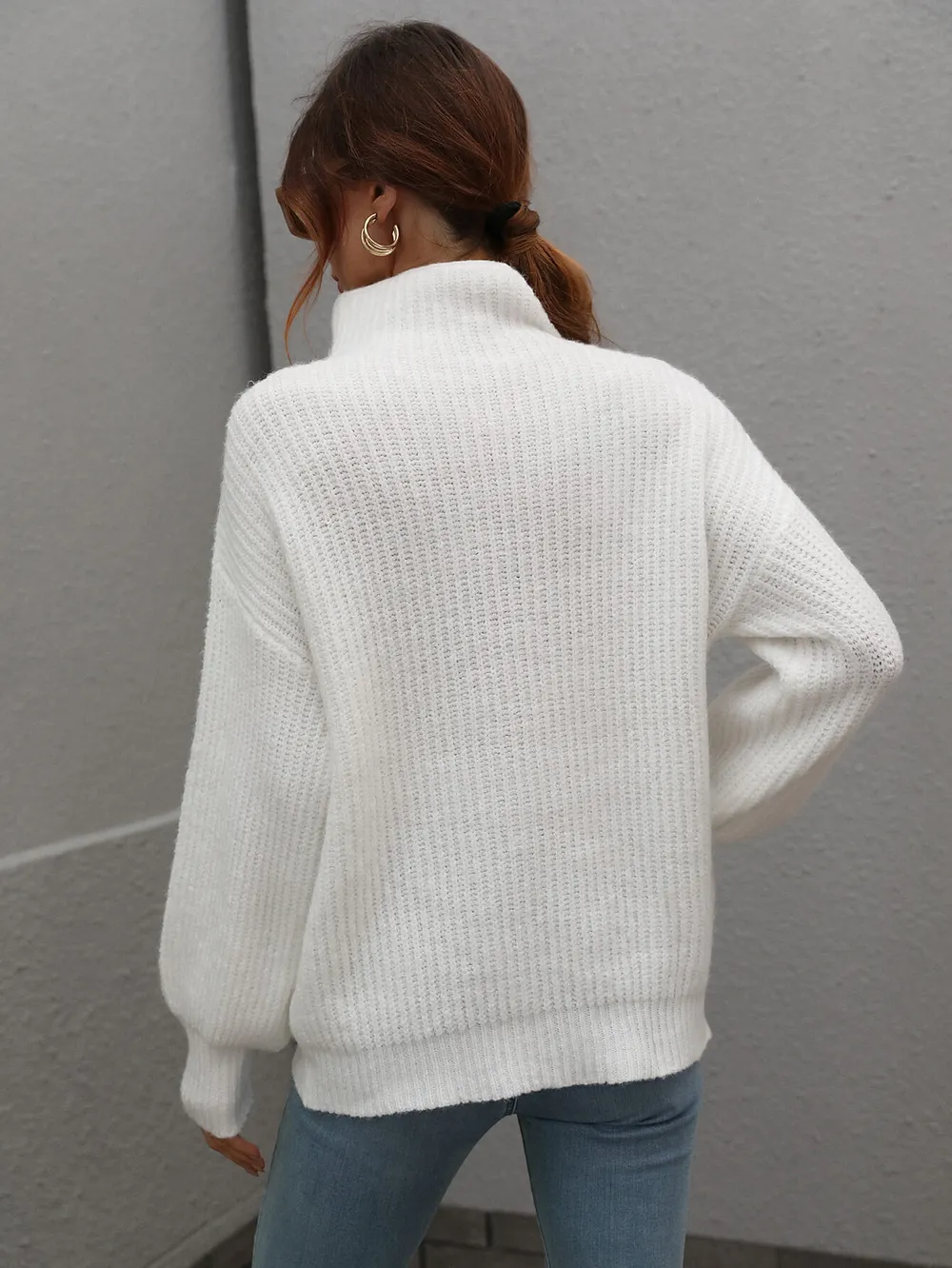 High Neck Balloon Sleeve Rib-Knit Pullover Sweater, image 14