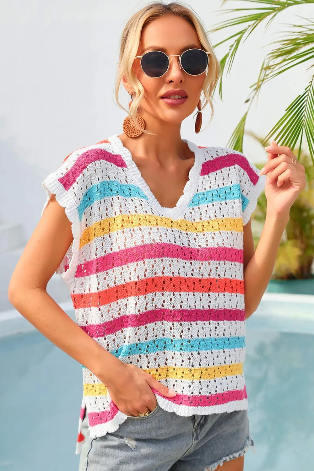 Striped V-Neck Slit Cover Up, image 5