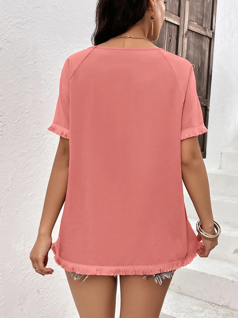 Round Neck Raglan Sleeve Fringe Detail Top, image 7